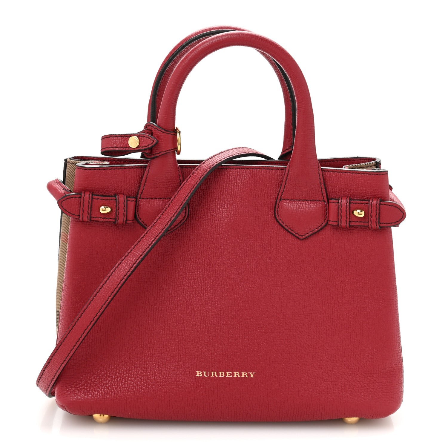 Burberry Grainy Calfskin House Check Small Banner Tote Red