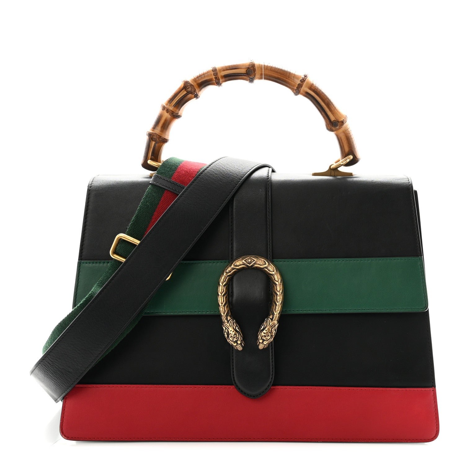 Gucci Calfskin Bamboo Web Large Dionysus Top Handle Bag Black Bright Evergreen Hibiscus Red
