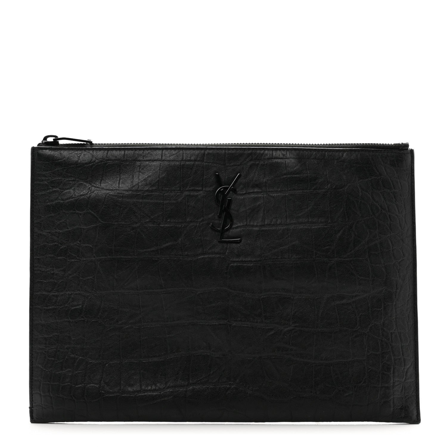 Saint Laurent Calfskin Crocodile Embossed Monogram iPad Case Black