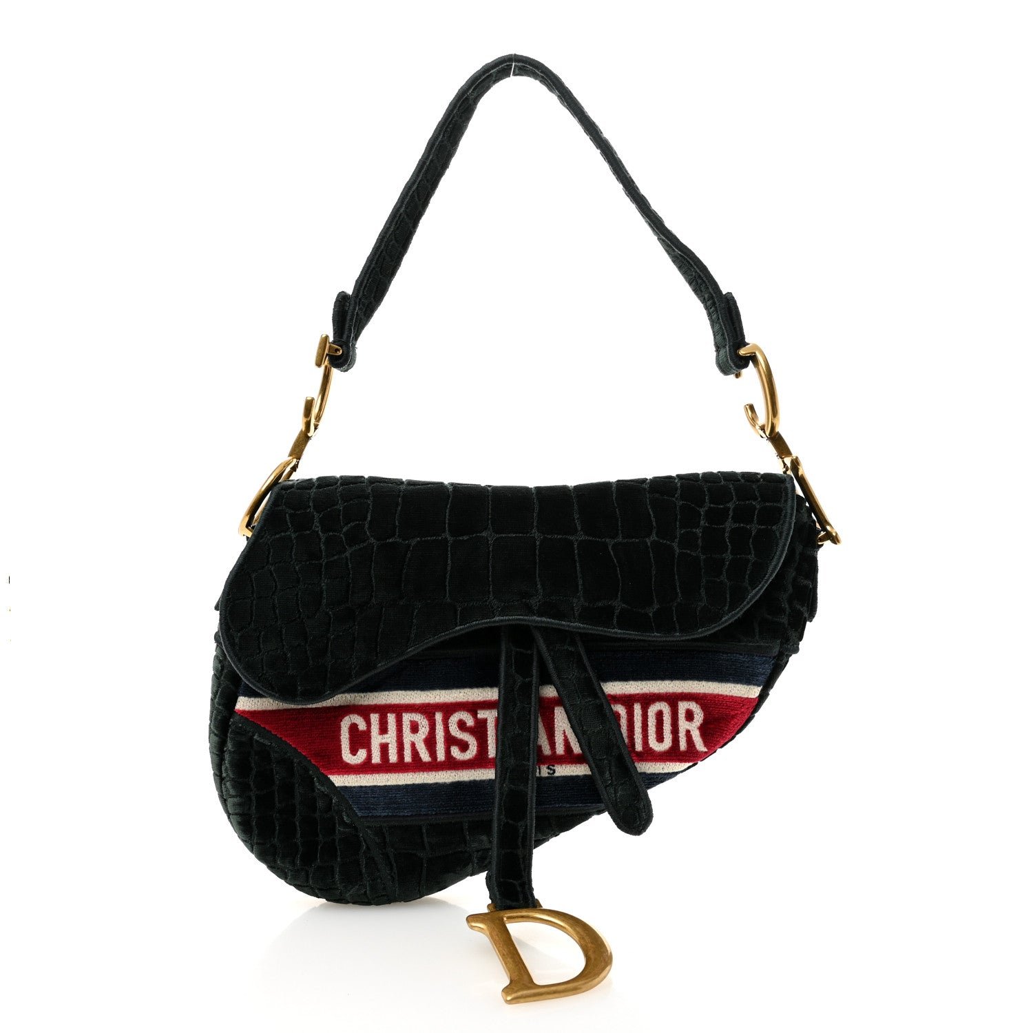 Christian Dior Velvet Crocodile Effect Saddle Bag Green