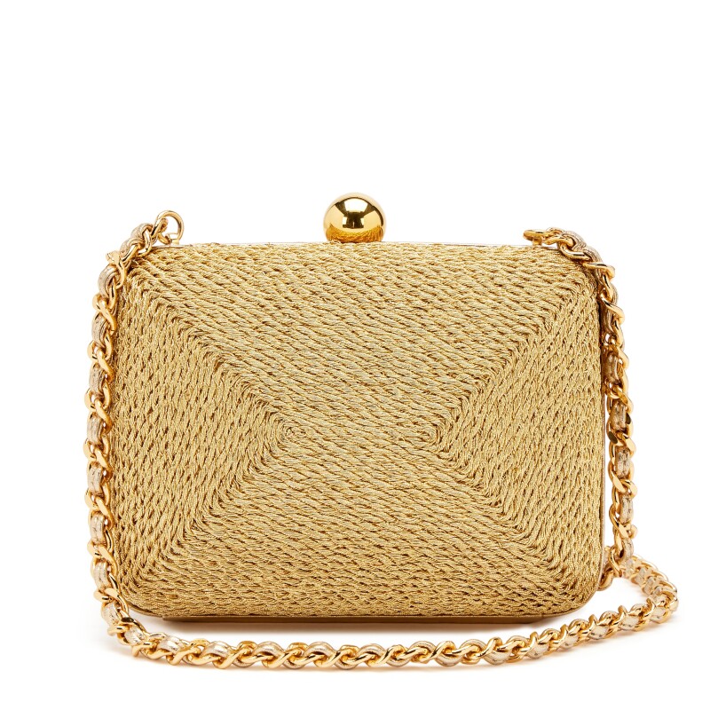 Vintage Metallic Gold Woven Raffia Rope Mini Box Clutch with Chain Bag Gold Hardware, 1997-1999