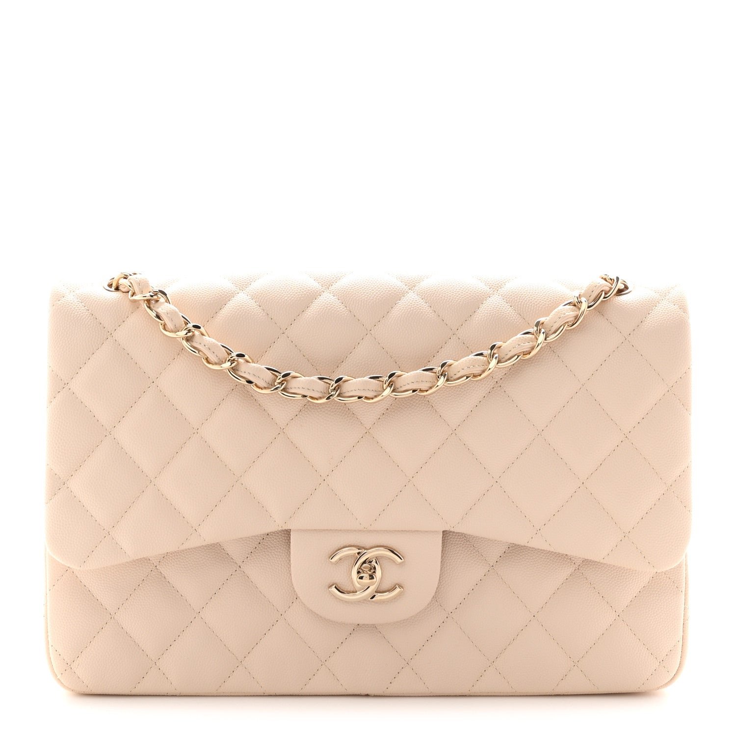 Caviar Quilted Jumbo Double Flap Light Beige