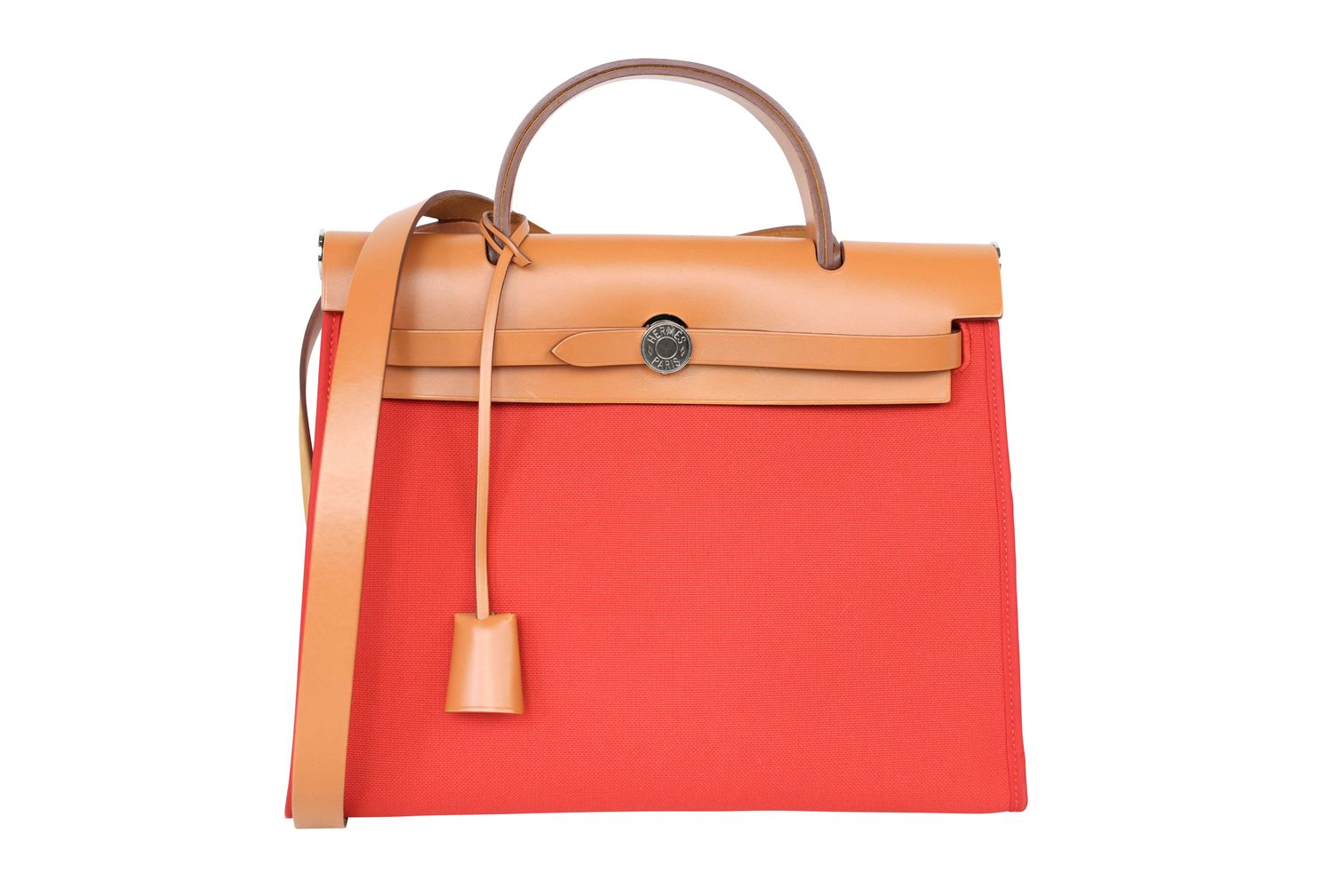 Hermes Hermes Herbag Zip 31 Bag, Red Rouge Tomate Toile and Tan Brown Vache Hunter Leather,  A 2017 Stamp, Preowned No Dustbag WA001