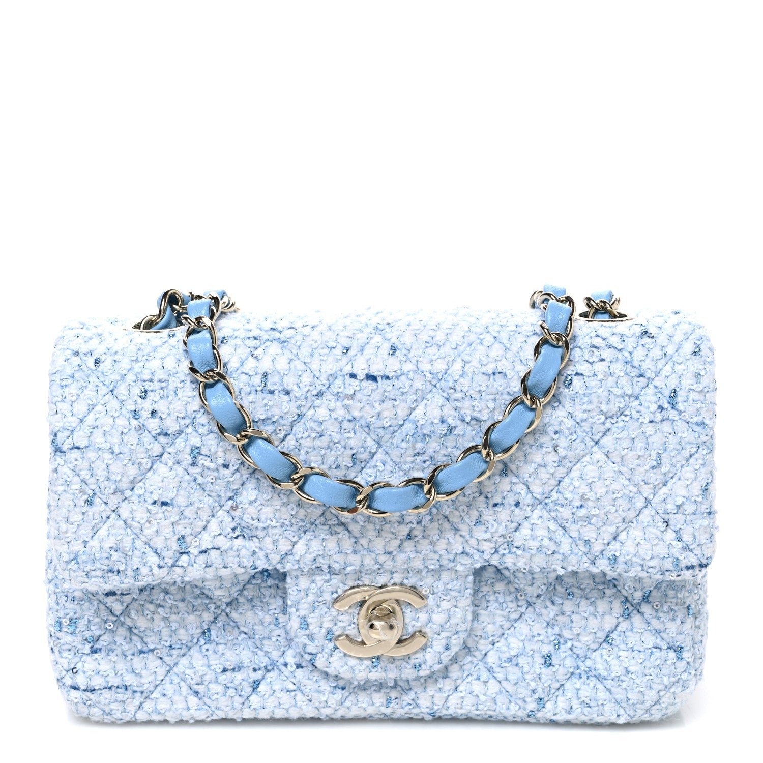 Chanel Tweed Quilted Mini Rectangular Flap Blue White Silver