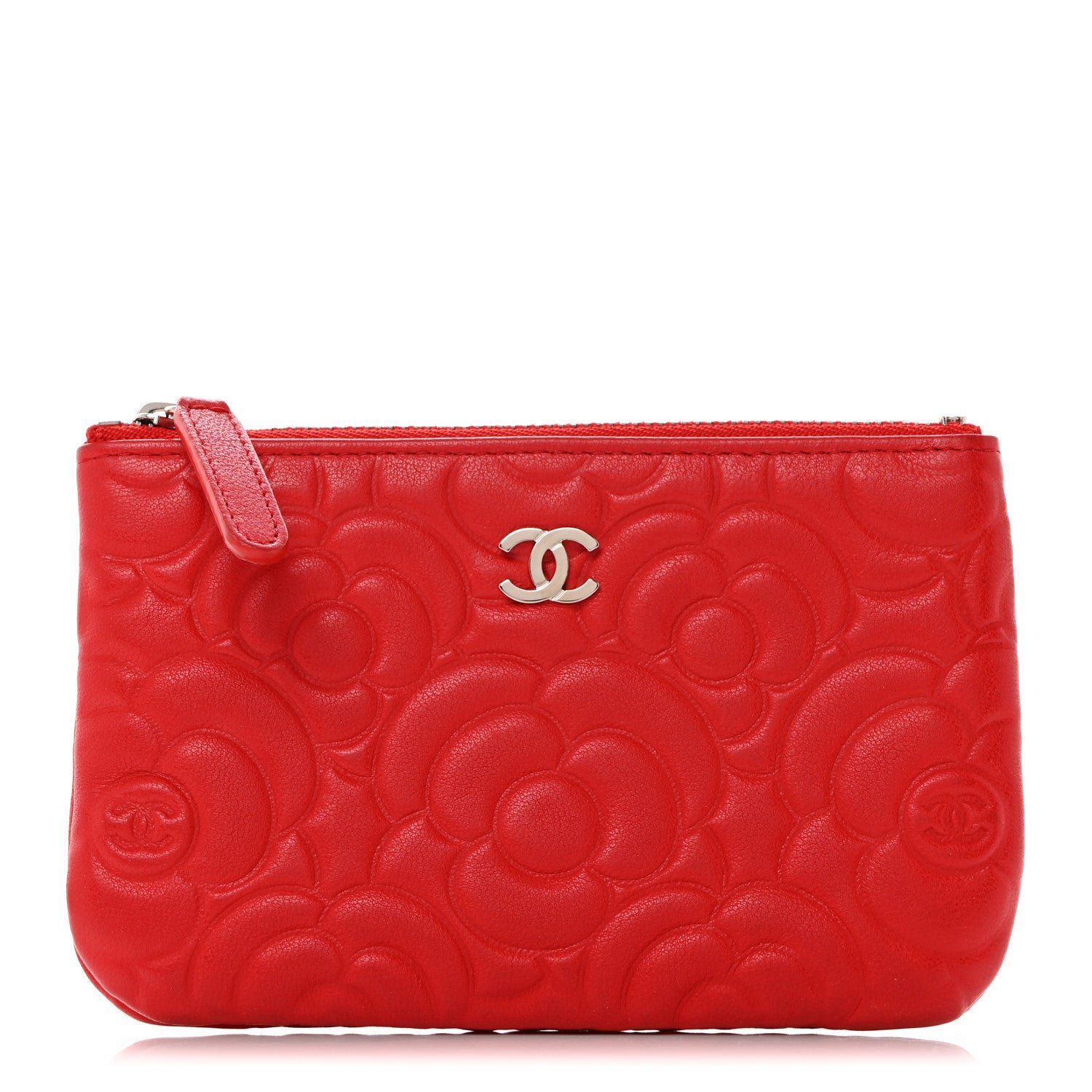 Chanel Goatskin Camellia Embossed Cosmetic Pouch Red