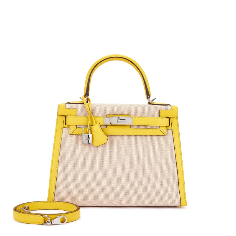 Hermes Limited Edition Jaune Citron Swift and Ecru Toile Kelly 28 Sellier Palladium Hardware, 2019