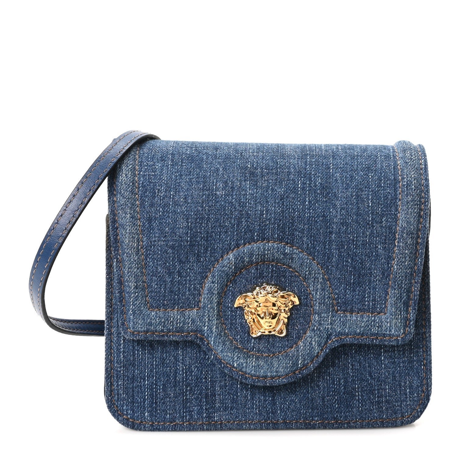 Versace Denim La Medusa Chain Shoulder Bag Navy Blue