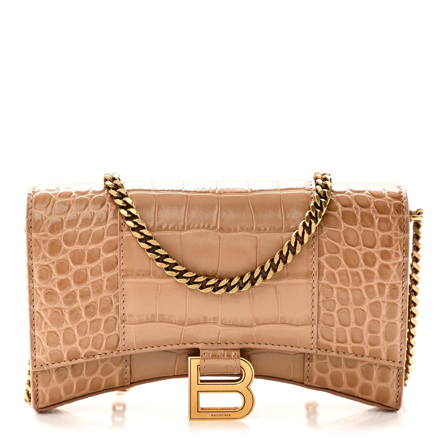 Balenciaga Shiny Calfskin Crocodile Embossed Hourglass Chain Bag Nude Beige