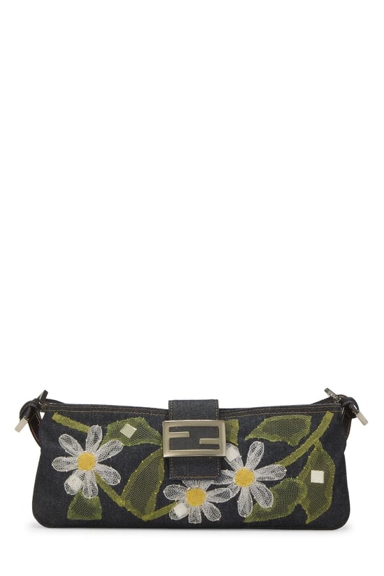 Navy Denim Floral Appliqué Shoulder Bag