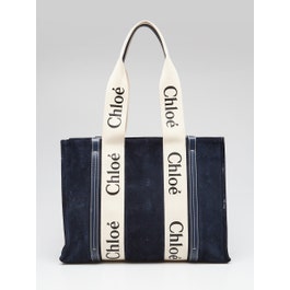Chloe Chloe Blue Suede/Canvas Medium Woody Tote Bag