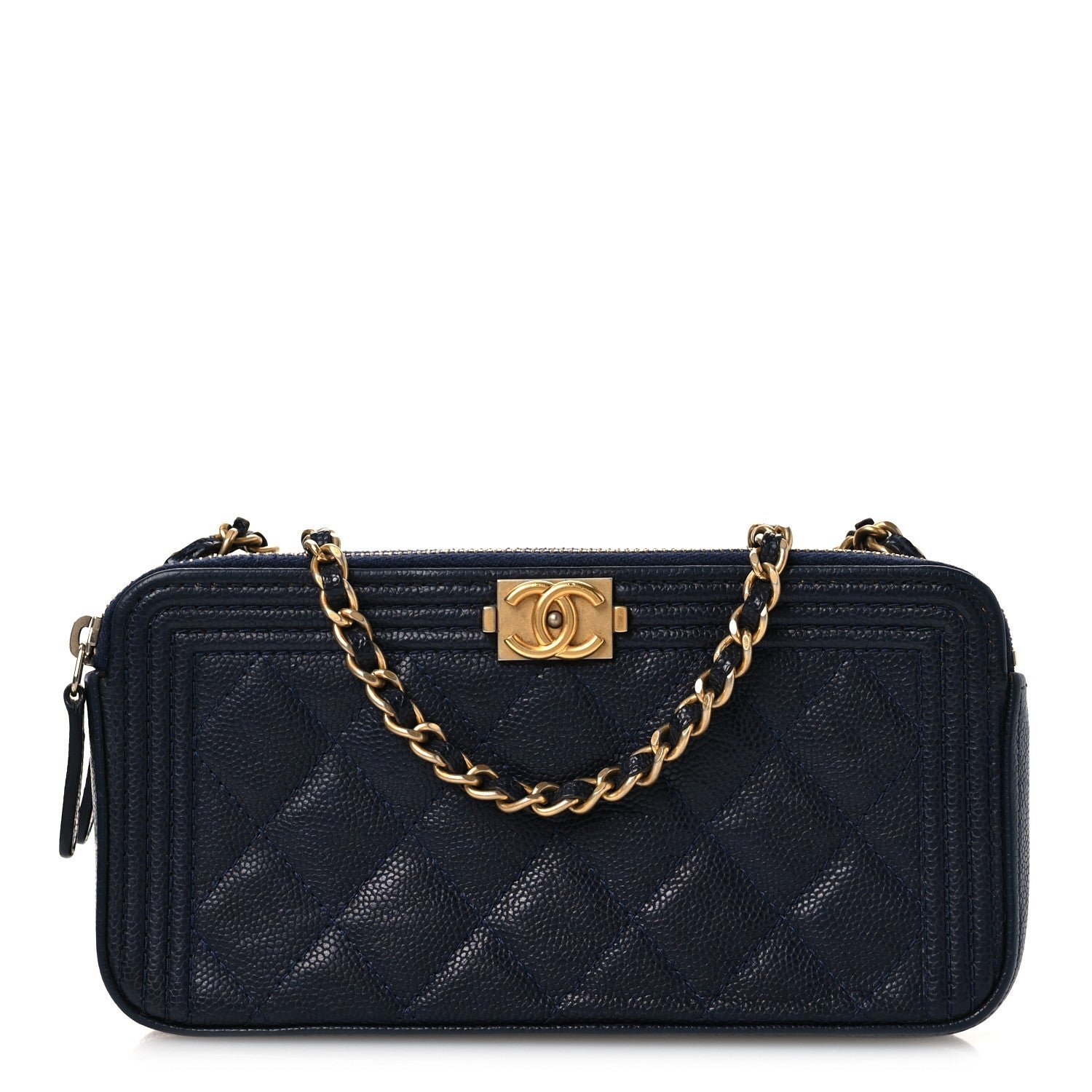 Chanel Caviar Quilted Small Boy Clutch With Chain Dark Blue