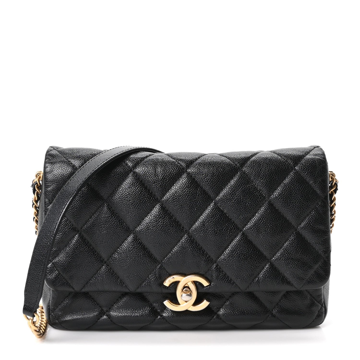 Chanel Shiny Caviar Quilted Large Chain Melody Flap Black