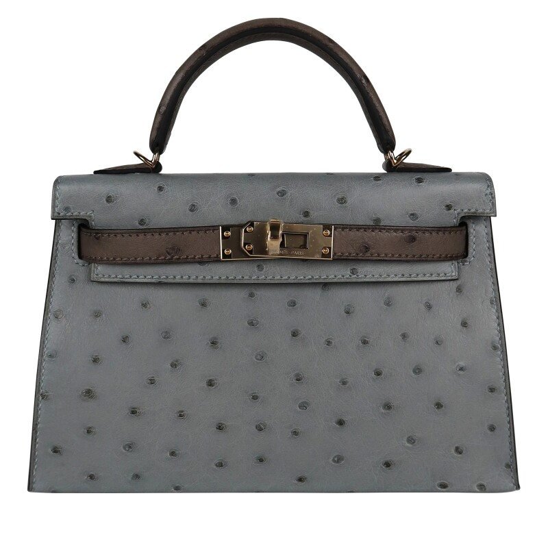 Bleu Glacier Gris Tourterelle Ostrich Mini Kelly 20 II Permabrass Hardware, 2026