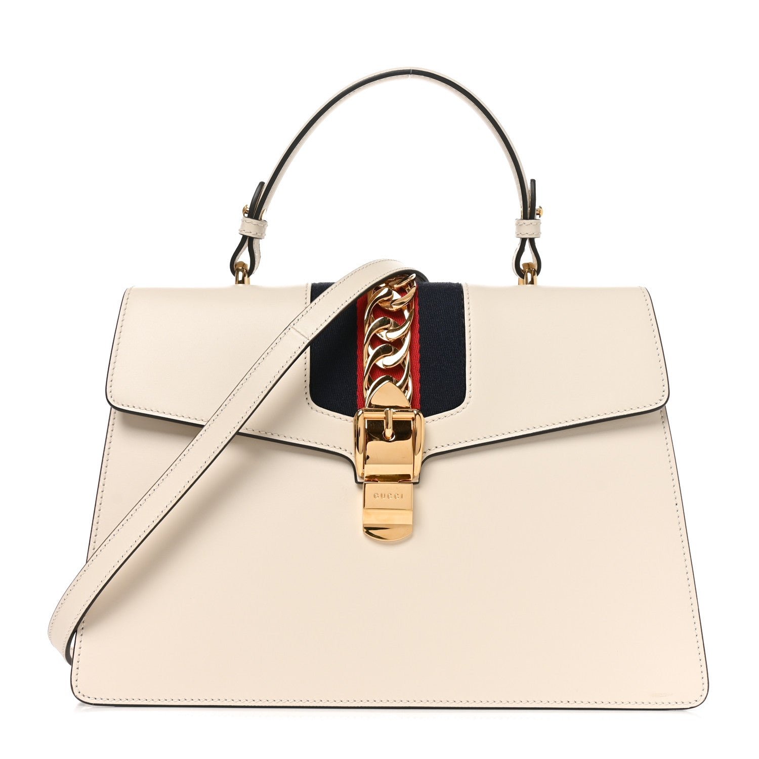Gucci Calfskin Web Medium Sylvie Top Handle Bag White