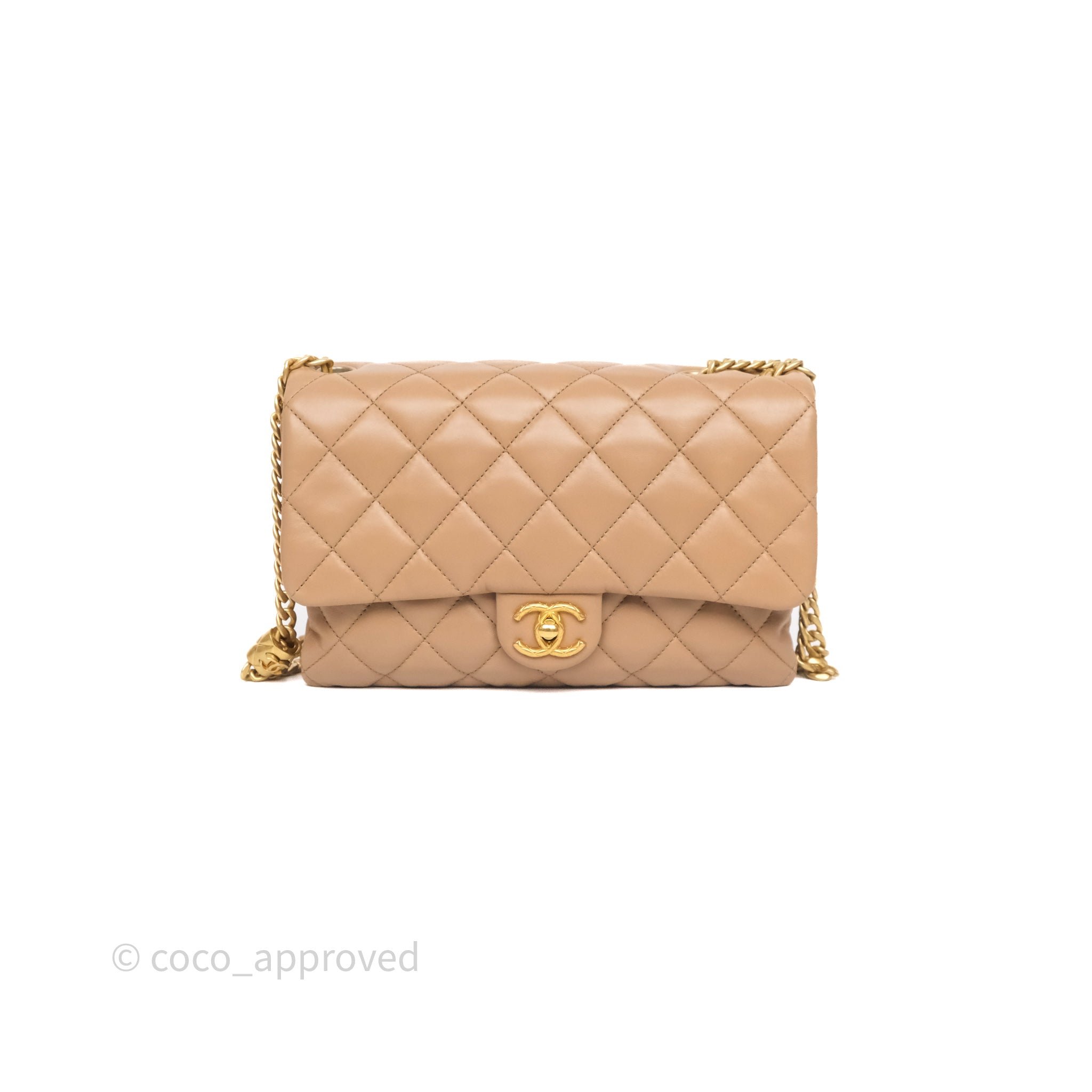Chanel Medium All Slide Adjustable Chain Flap Bag Beige Lambskin Aged Gold Hardware