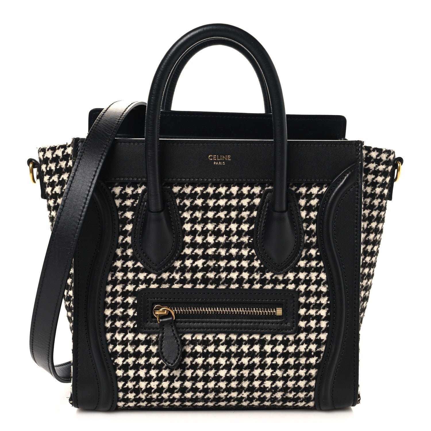 Celine Celine Smooth Calfskin Houndstooth Nano Luggage White Black