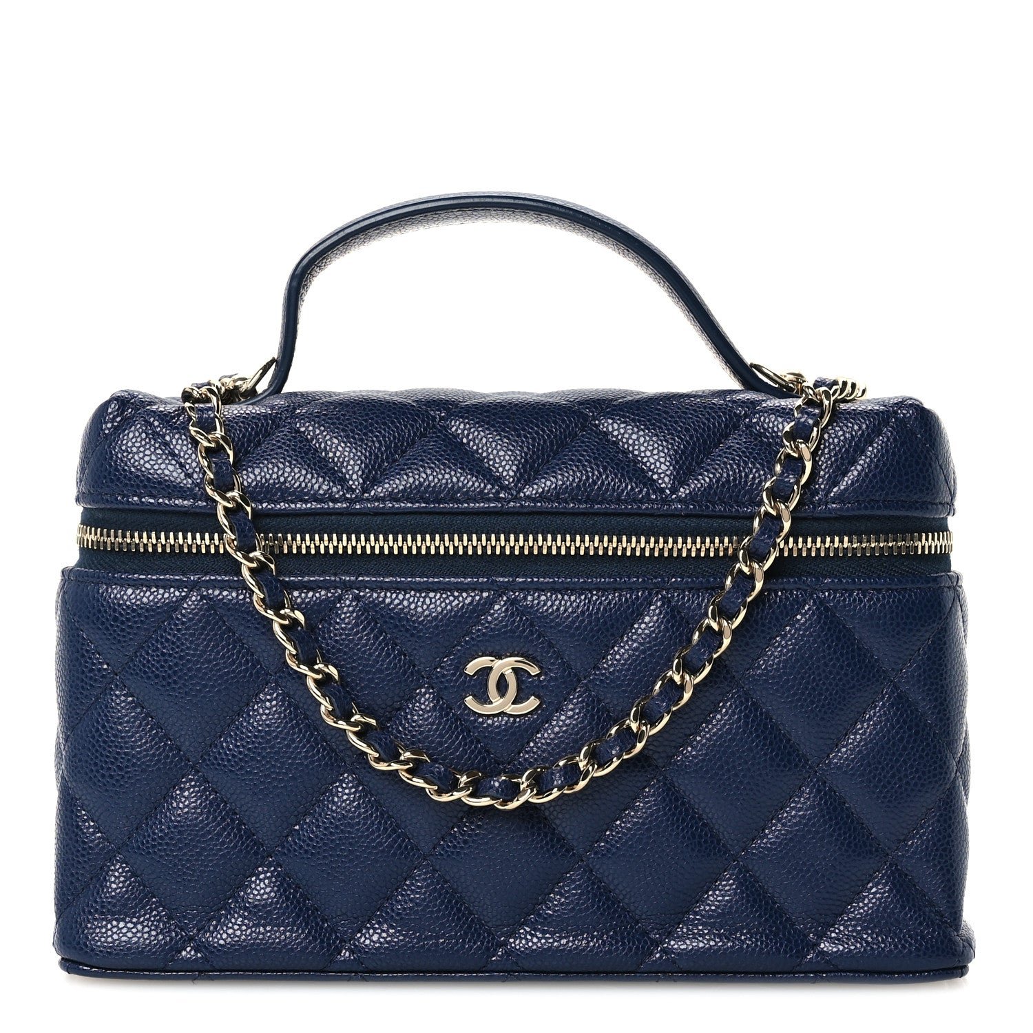 Chanel Caviar Quilted Top Handle Slim Vanity With Chain Navy