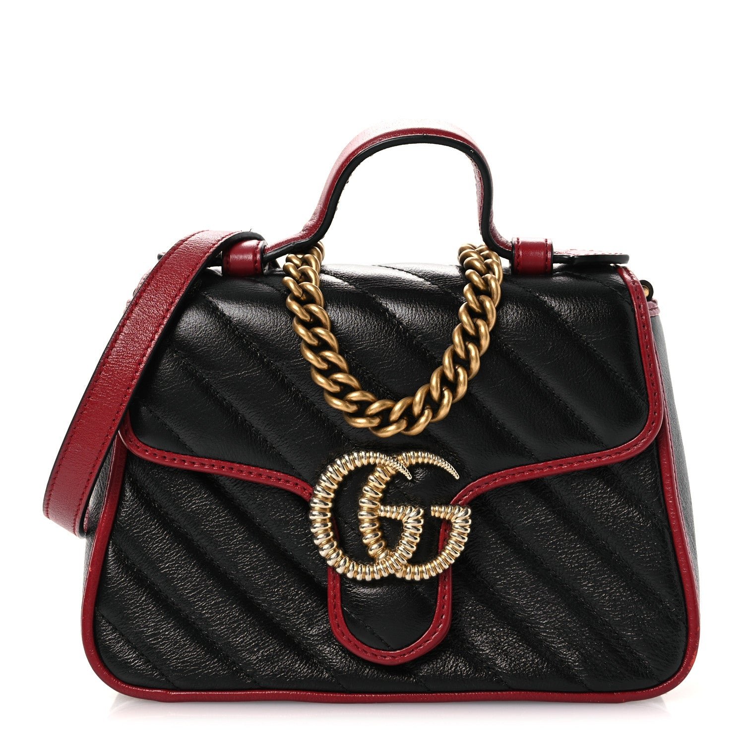 Gucci Vintage Effect Calfskin Matelasse Diagonal Mini Torchon GG Marmont Top Handle Shoulder Bag Black Romantic Cherry