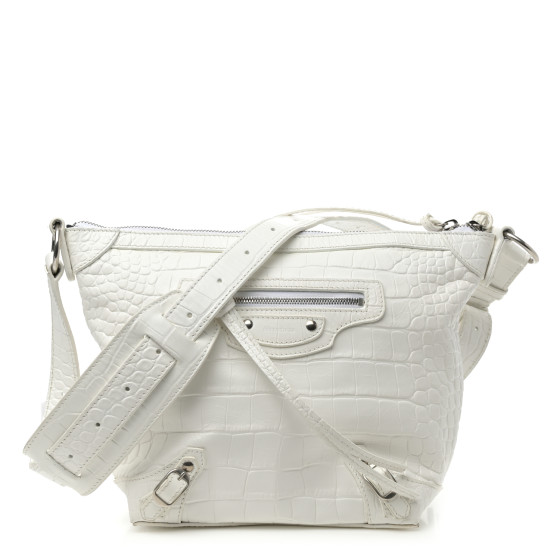 Balenciaga Extra Supple Calfskin Crocodile Embossed Neo Classic Hardware Hobo XS White