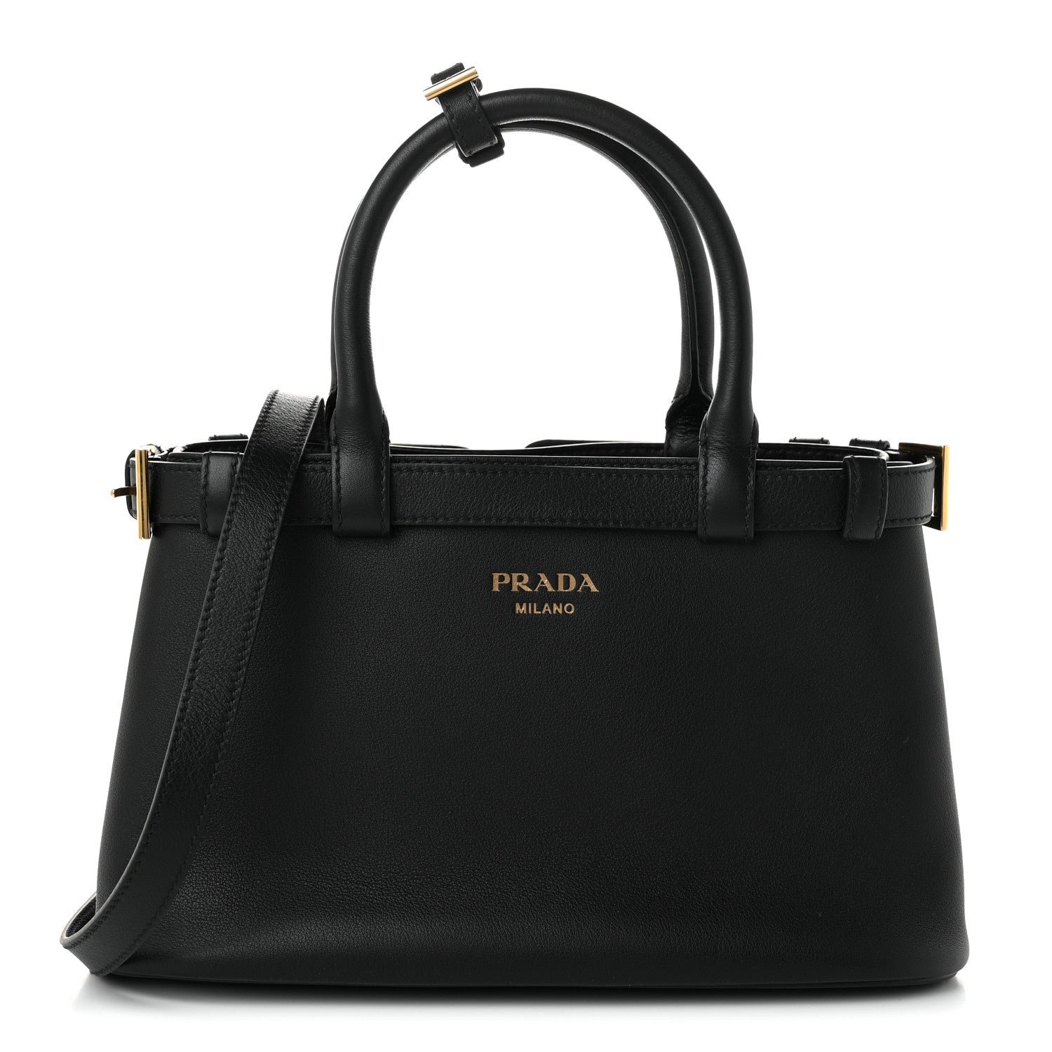 Prada Soft Grain Calfskin Small Double Belt Tote Black