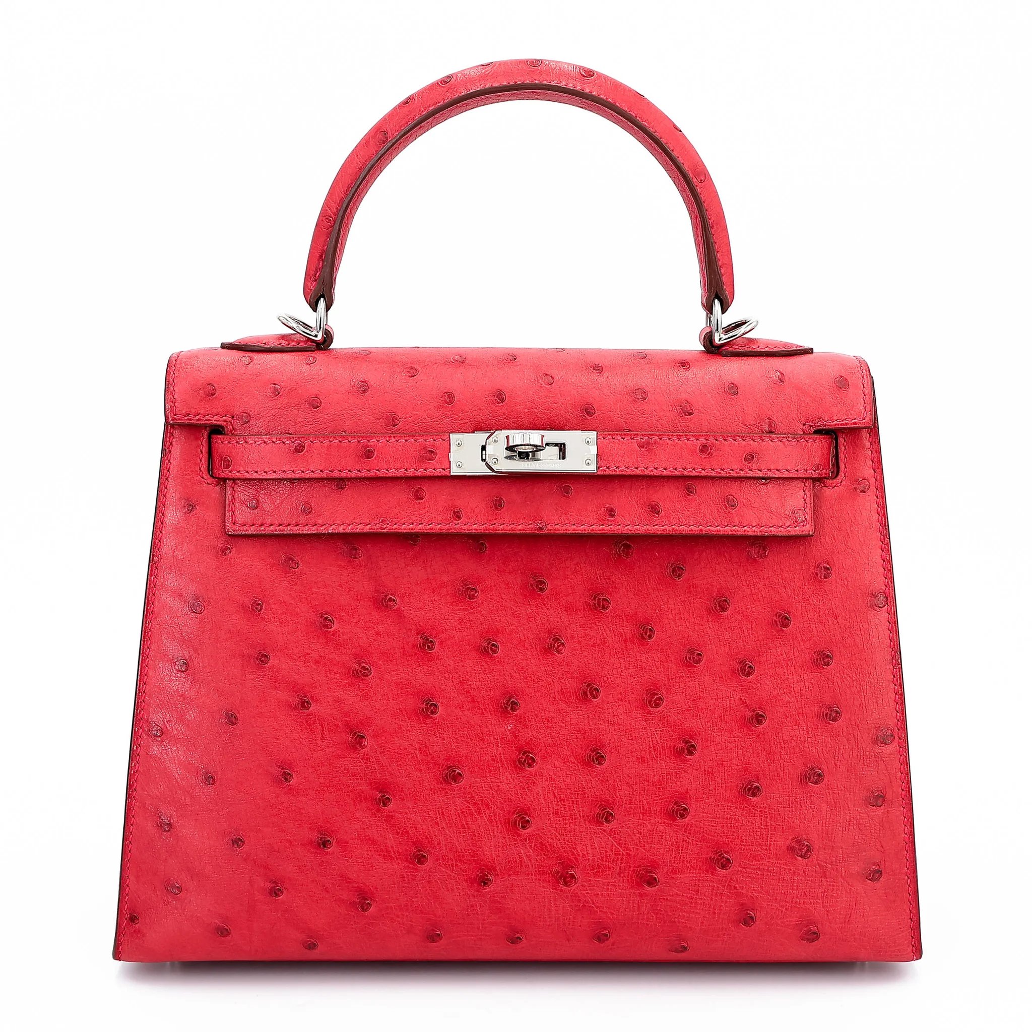 Excellent ( Rank SA ) HERMÈS Kelly 25 Sellier Rouge Vif (53) Ostrich Palladium hardware X (2016)