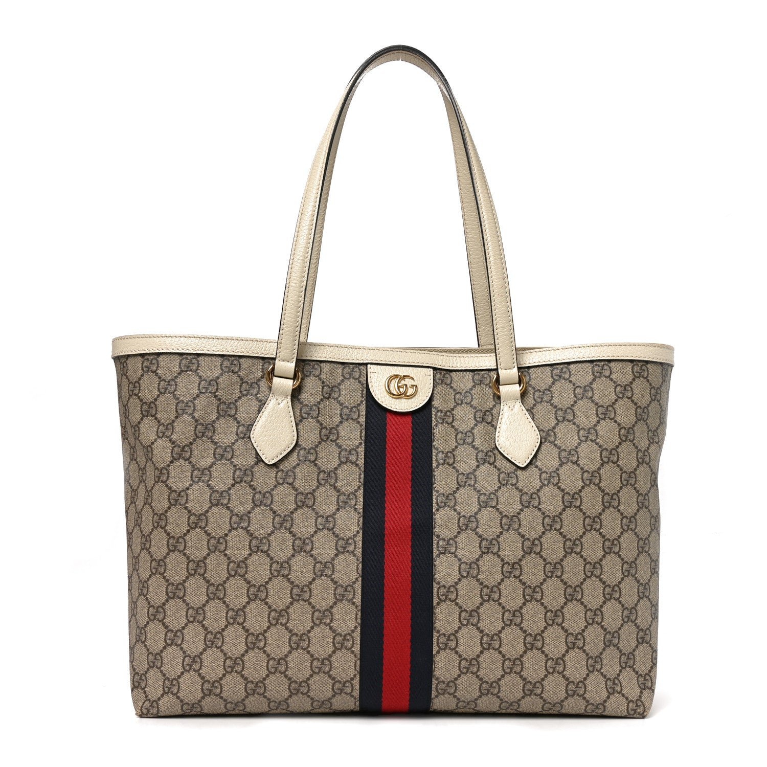 Gucci GG Supreme Monogram Textured Dollar Calfskin Web Medium Ophidia Shopping Tote Beige Ebony Mystic White