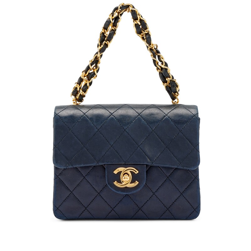 Vintage Navy Blue Quilted Lambskin Mini Square Flap with Chain Handle Gold Hardware, 1986-1988