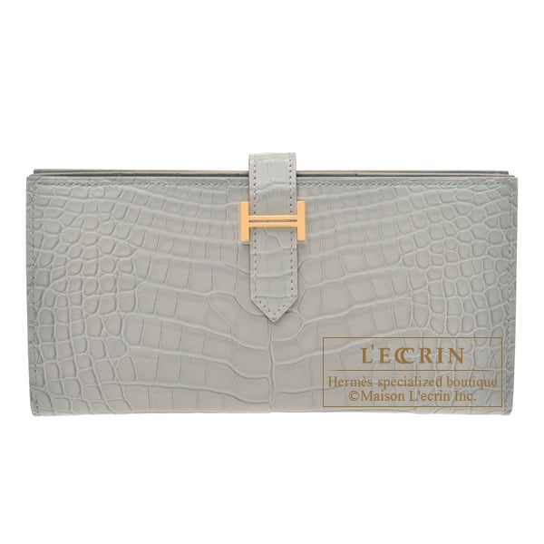 Hermes Bearn Soufflet Pearl grey Matt alligator crocodile skin Gold hardware