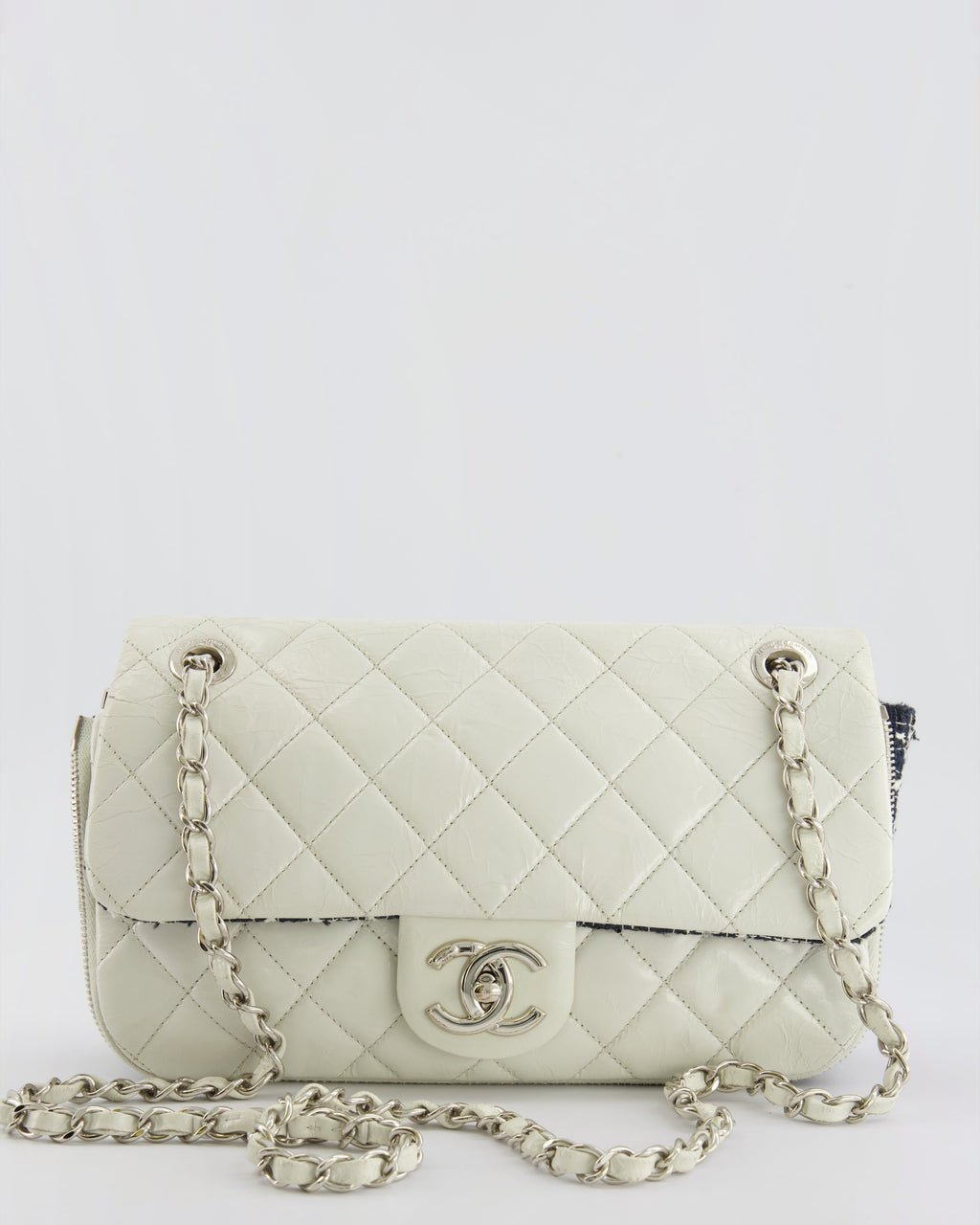 Chanel White Calfskin Leather and Navy Tweed-Trimmed Expandable Flap Bag with Silver Hardware