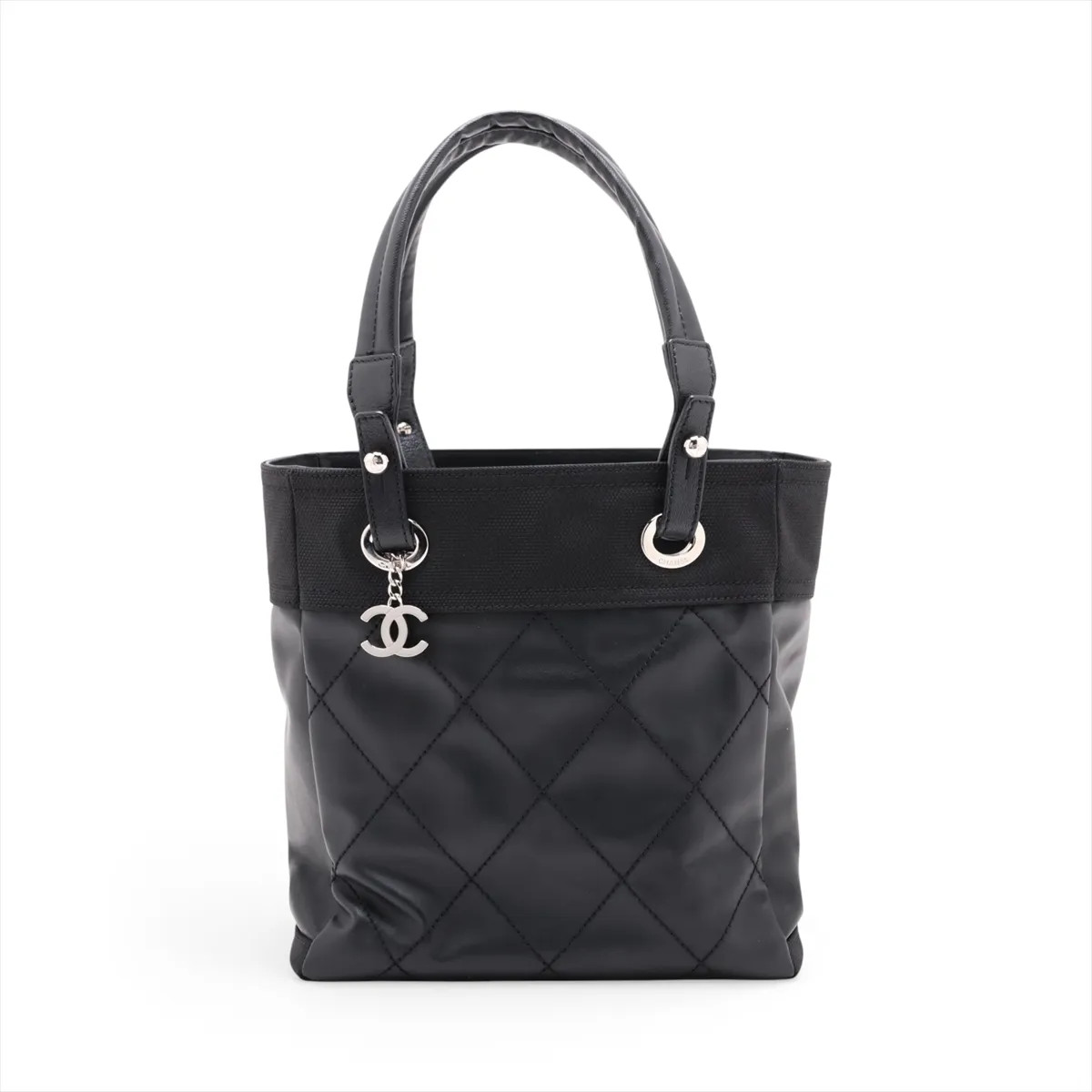 Chanel Paris Biarritz PM Coating canvas Tote bag Black Silver Metal Fittings 12X