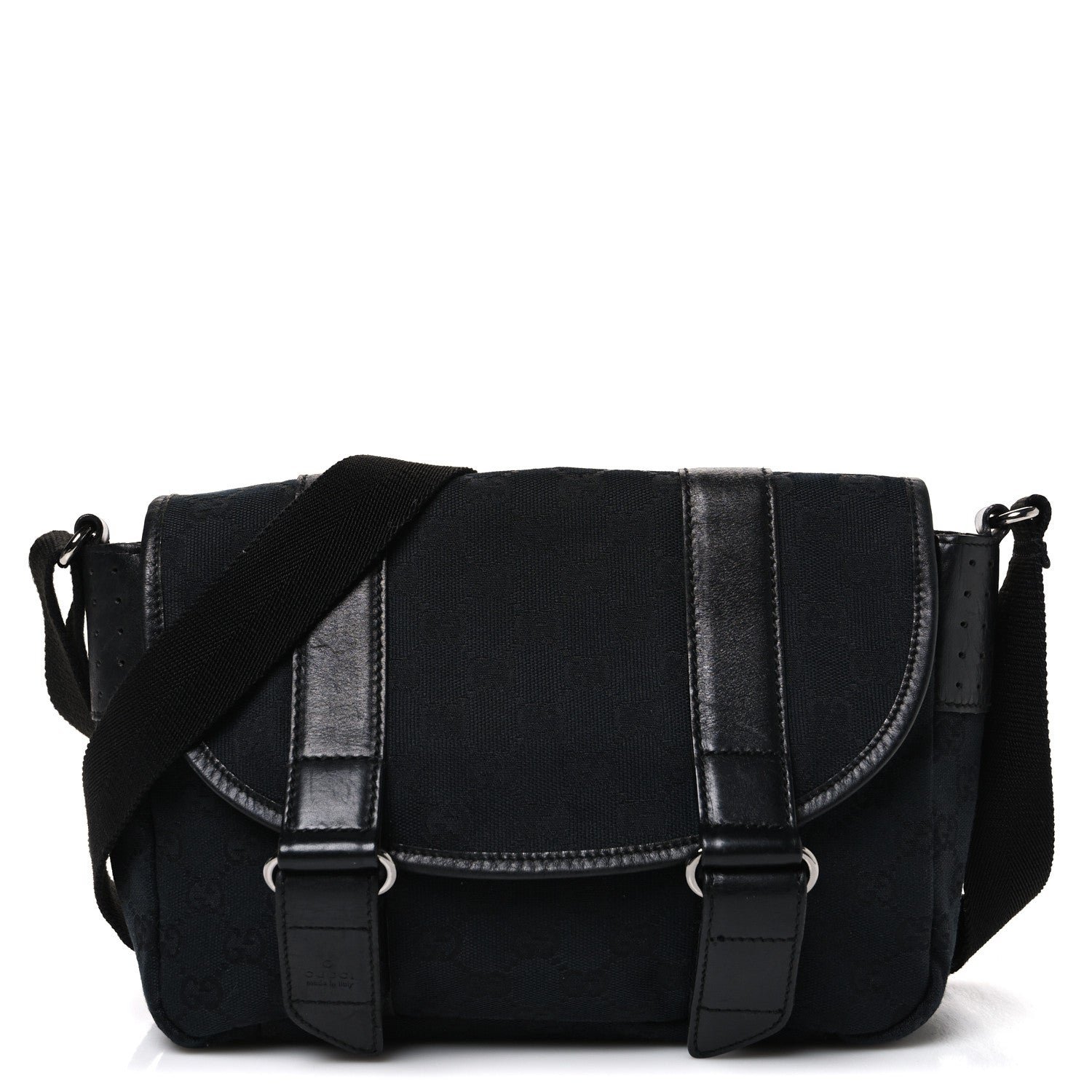 Gucci Monogram Small Double Buckle Flap Messenger Bag Black