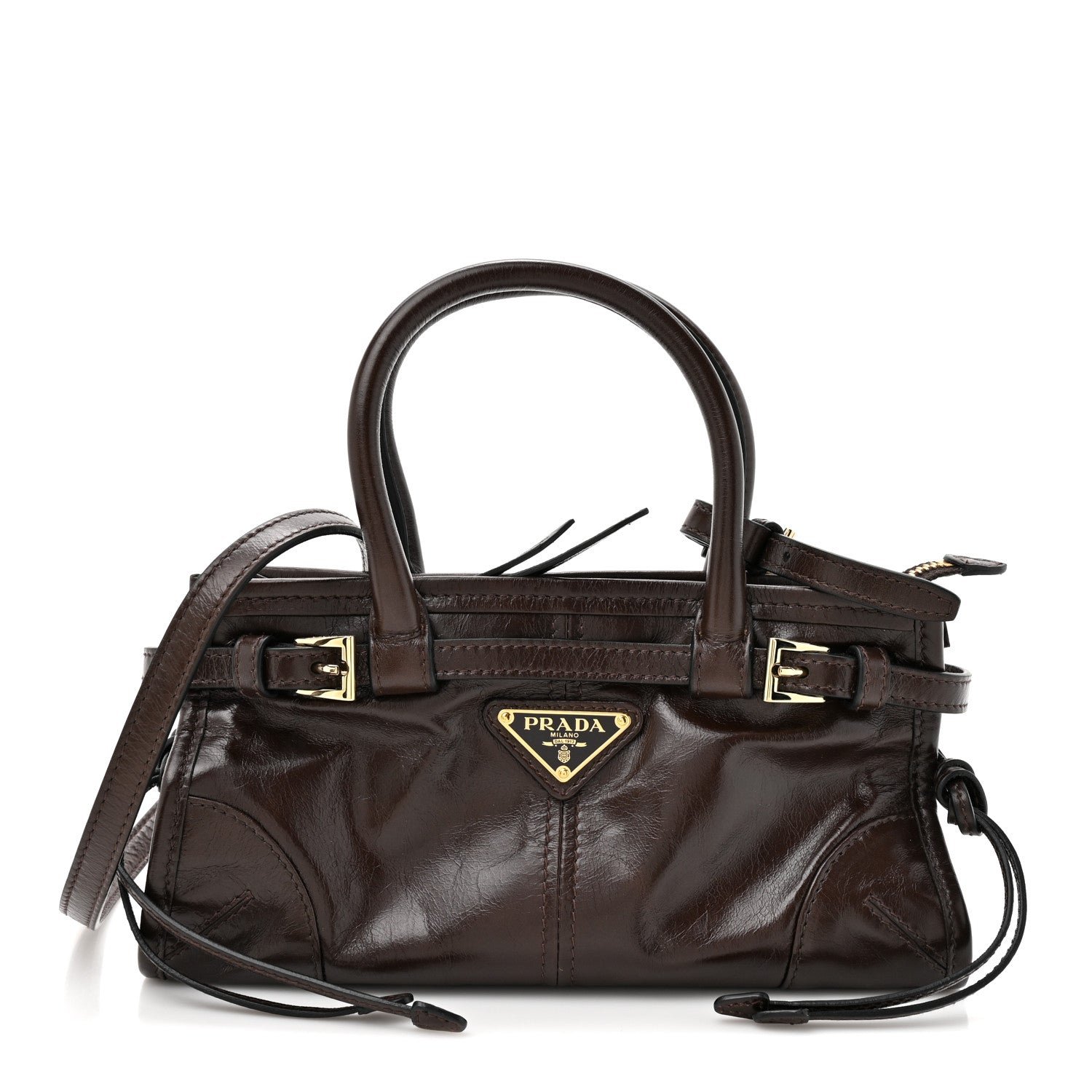 Prada Glossy Calfskin Triangle Mini Bonnie Shoulder Bag Moro