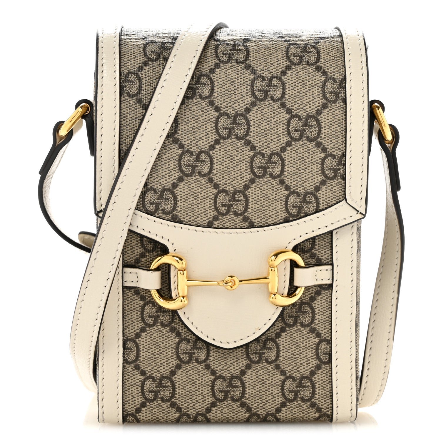 Gucci GG Supreme Monogram Azalea Calfskin Mini Horsebit 1955 Crossbody Bag Beige Ebony Mystic White