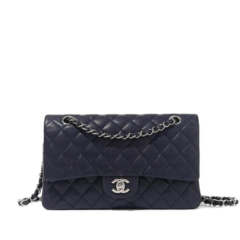 Chanel Navy Quilted Caviar Classic Double Flap Bag Aged Silver Hardware, 2014-2015
