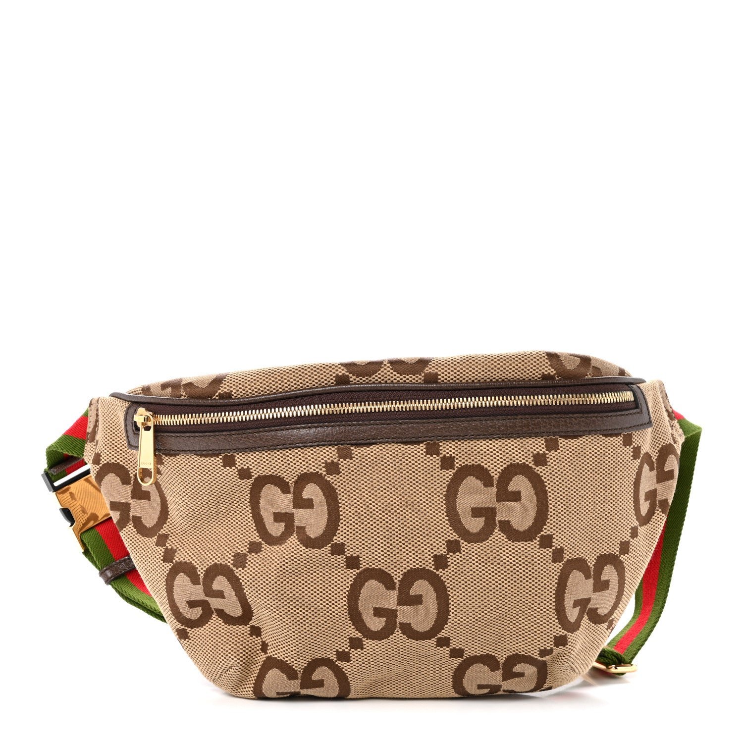 Gucci Monogram Jumbo GG Textured Dollar Calfskin Web Belt Bag Camel Ebony New Acero