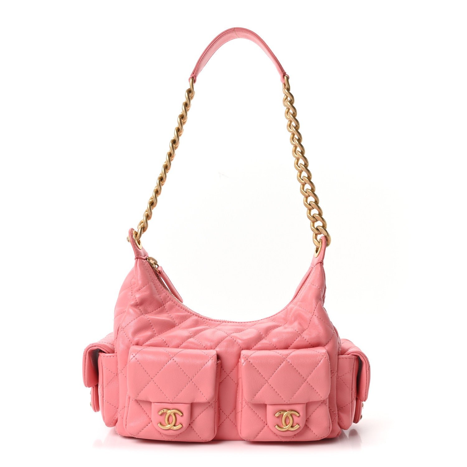 Shiny Lambskin Quilted Trendy Pockets Hobo Coral Pink