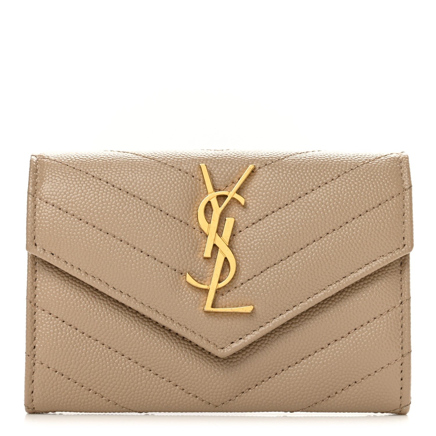 Saint Laurent Grain De Poudre Matelasse Chevron Small Monogram Envelope Wallet Dark Beige