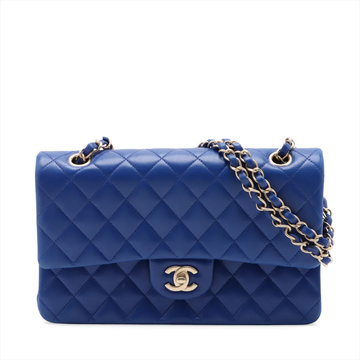 Chanel Matelasse 25 Lambskin Double Flap Double Chain Bag Blue Gold Metal Fittin