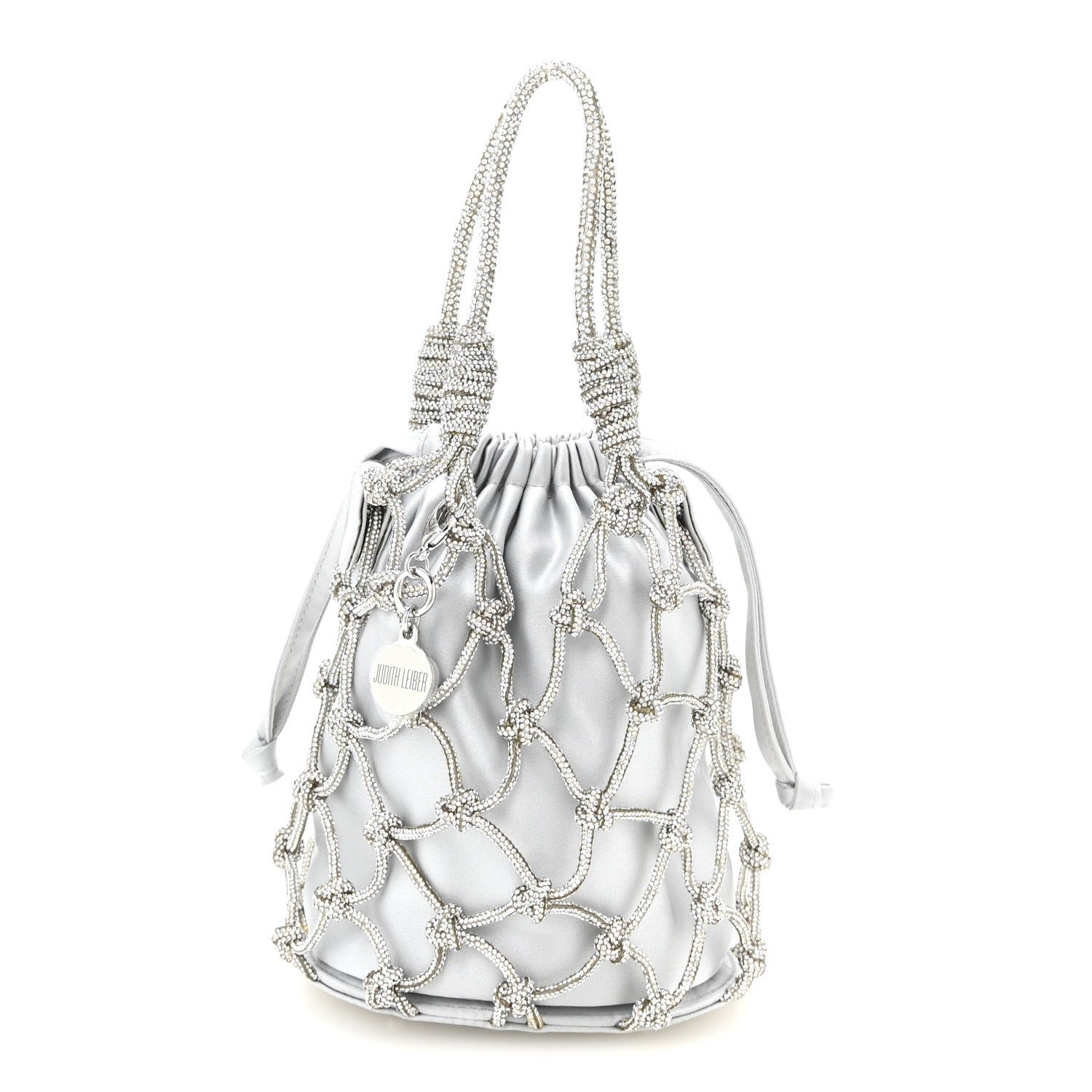 Judith Leiber Satin Crystal Embellished Sparkle Net Pouch  Silver