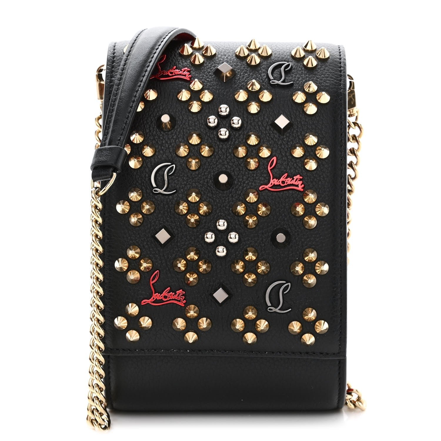 Christian Louboutin Calfskin Spikes Loubinthesky Paloma Crossbody Phone Case Black Multicolor
