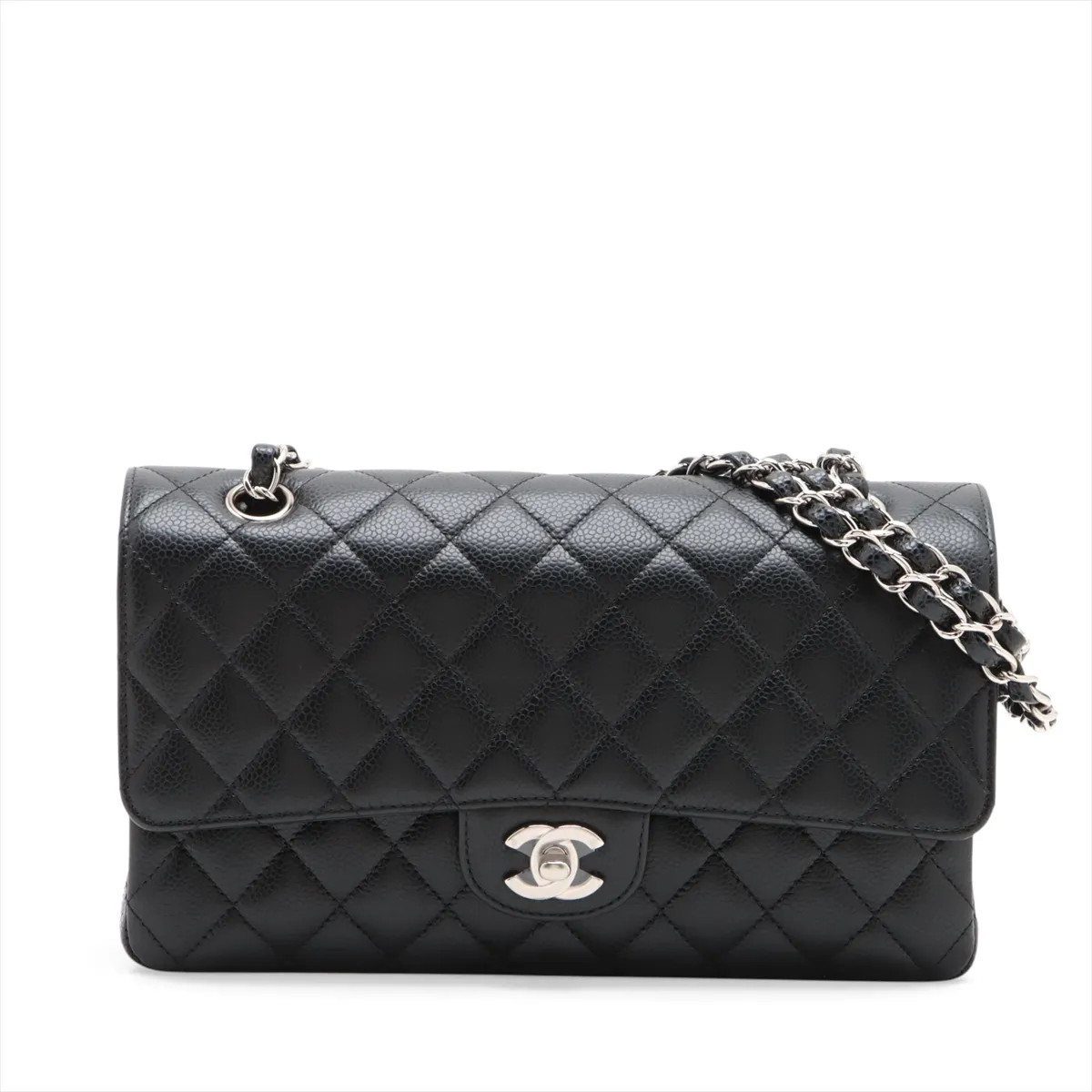 Chanel Matelasse 25 Caviar Skin Double Flap Double Chain Bag Black Silver Metal