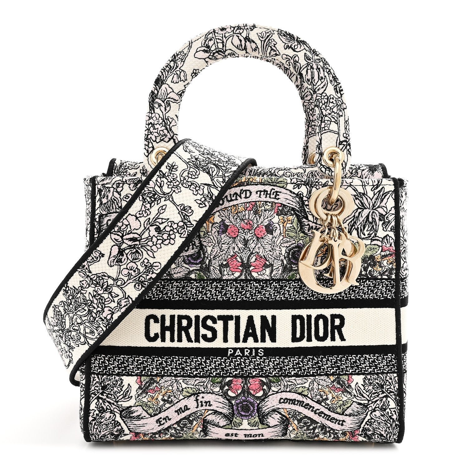 Christian Dior Canvas Around the World Embroidered Medium Lady D-Lite White Multicolor