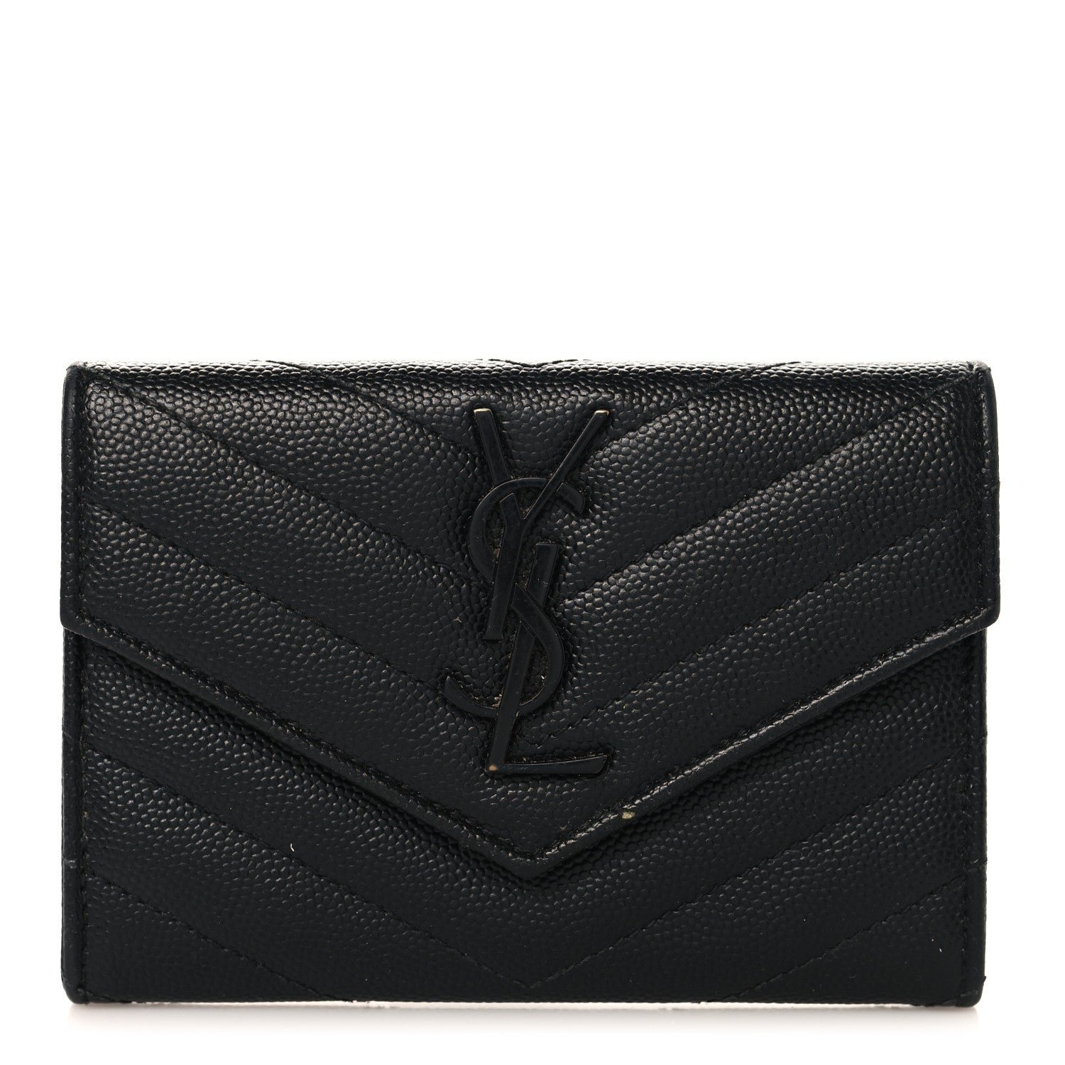 Saint Laurent Grain De Poudre Matelasse Chevron Small Monochrome Monogram Envelope Wallet Black