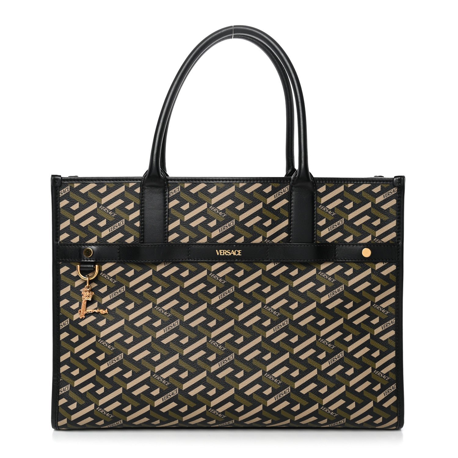Versace Versace Coated Canvas Calfskin La Greca Signature Tote Bag Black Khaki