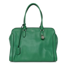 Alexander McQueen Pebbled Calfskin Large Skull Padlock Zip Around Tote Emerald