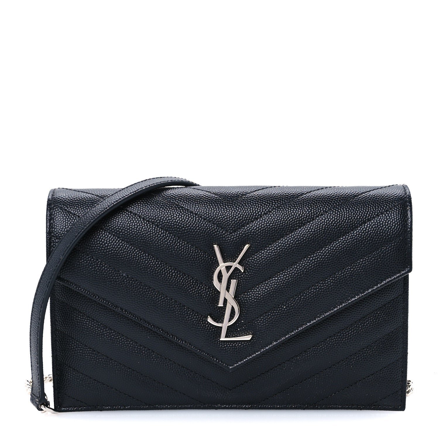 Saint Laurent Grain De Poudre Matelasse Chevron Monogram Envelope Chain Wallet Black