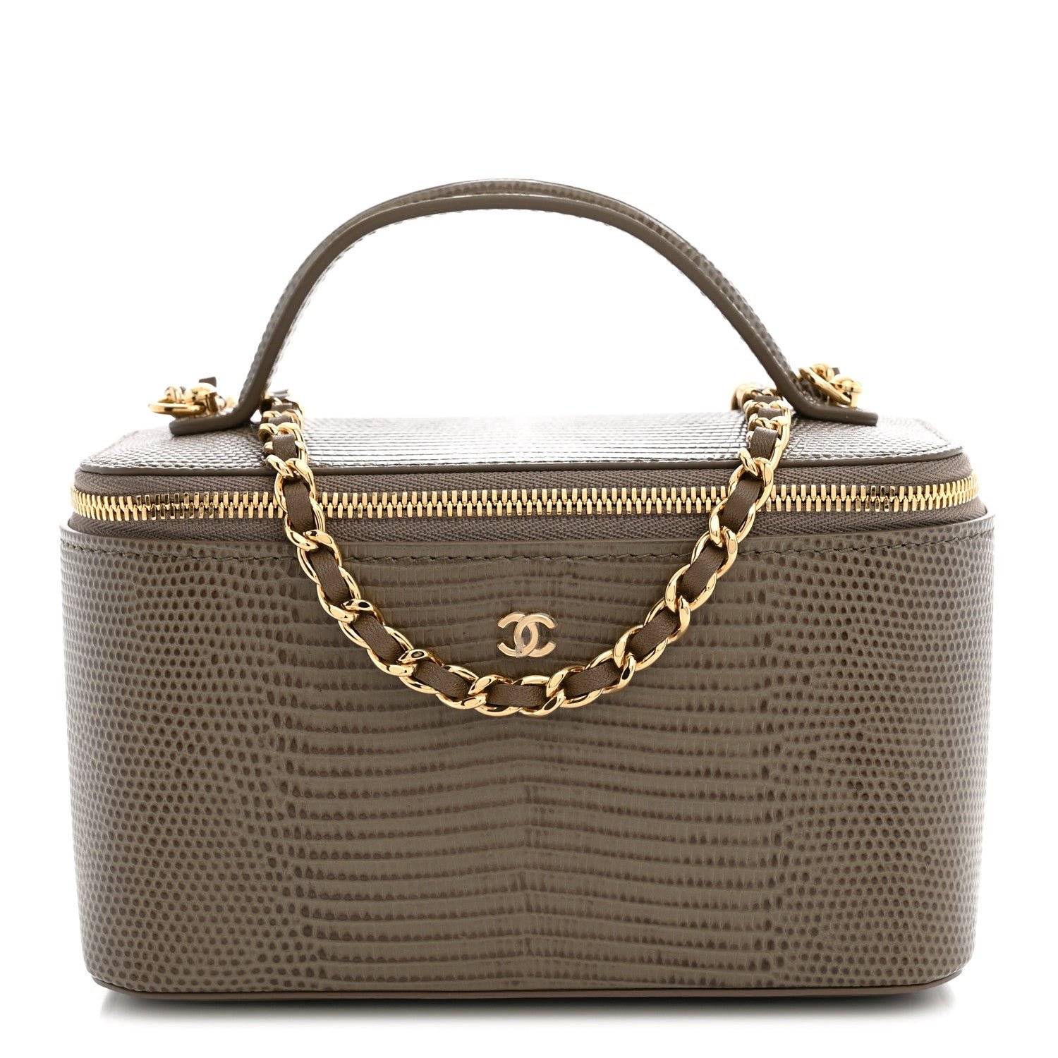 Chanel Calfskin Lizard Embossed Top Handle Vanity With Chain Dark Khaki