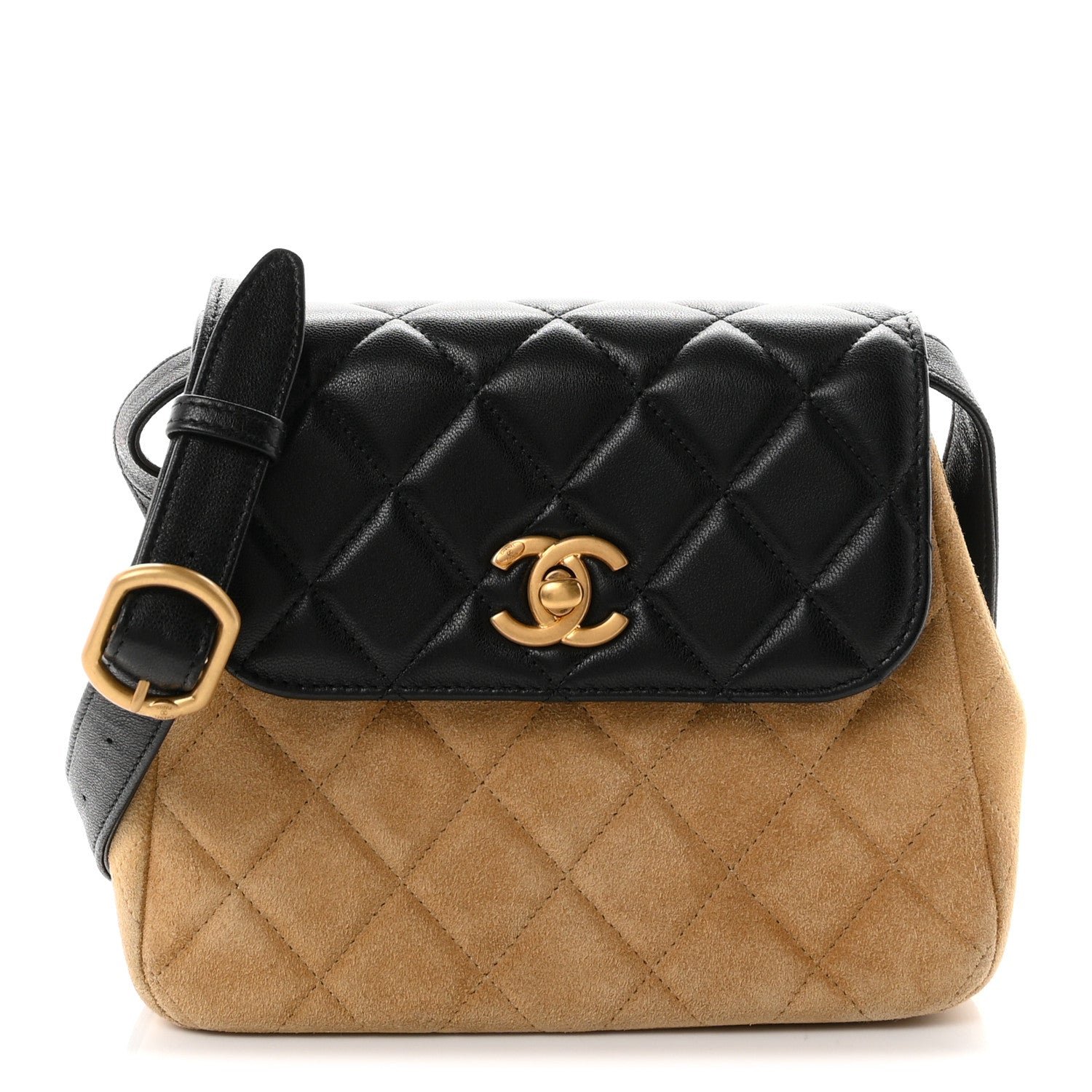 Chanel Suede Shiny Lambskin Quilted Crossbody Flap Black Beige