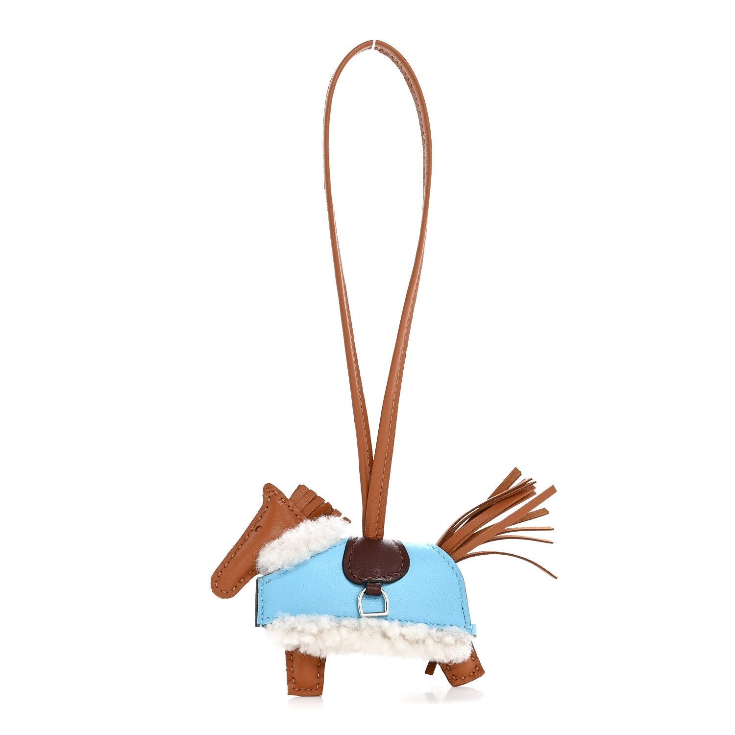 Hermes Milo Lambskin Merinos Wool Grigri Rodeo Robeo Plush Bag Charm PM Gold Terre Celeste Ecru