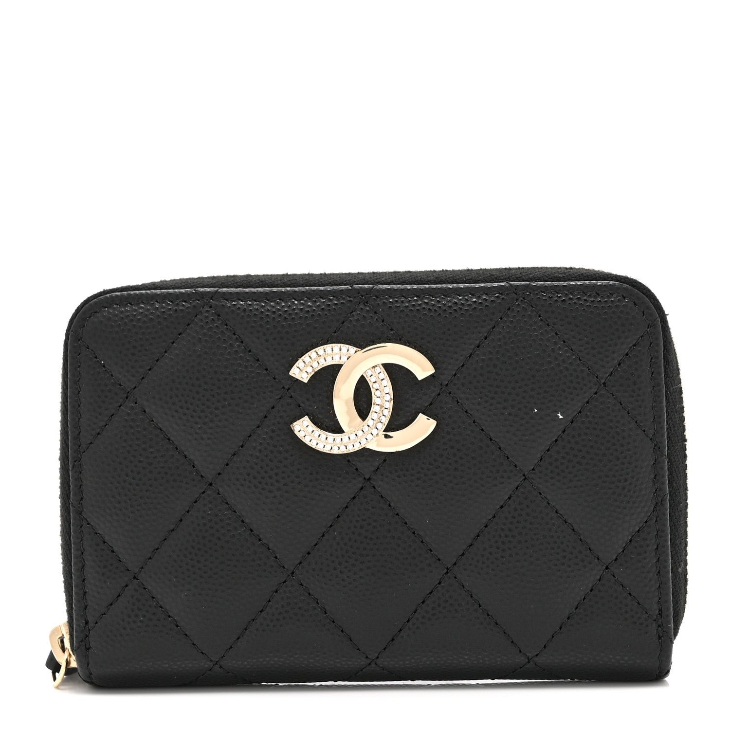 Chanel Caviar Quilted Crystal Zip Around Coin Purse Wallet Black